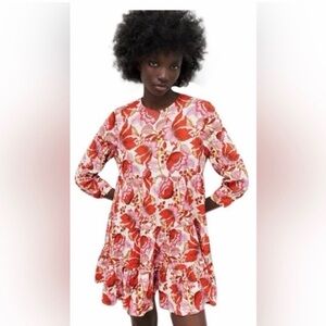 Zara Red and Pink Floral Tiered Mini Dress